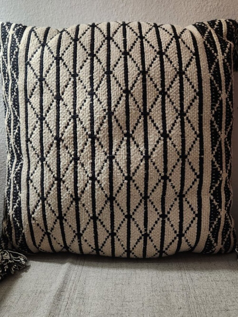 Hand Woven Geometric Accent Throw Pillow Creme Black  Off White with Tassels 21"